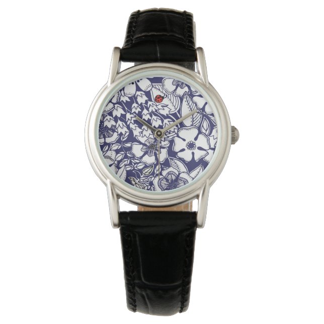 Girly Botanical Shalom Blue White Garden Zeichnend Armbanduhr (Vorderseite)