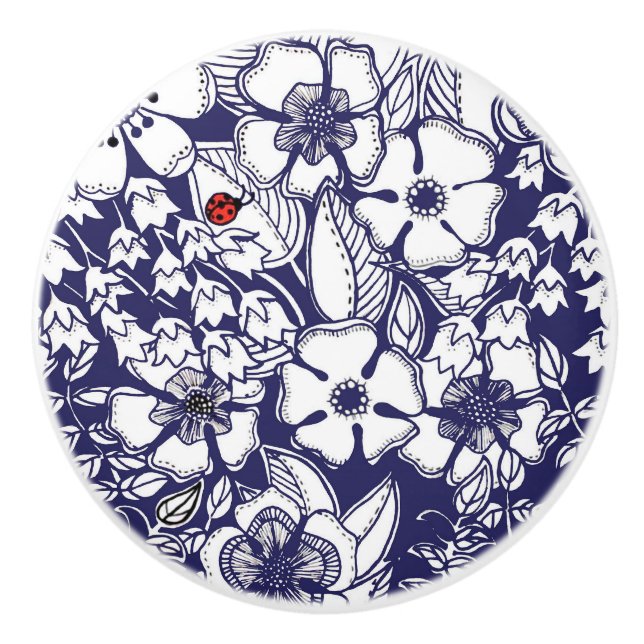 Girly Botanical Shalom Blue White Garden Zeichnend Keramikknauf (Vorderseite)