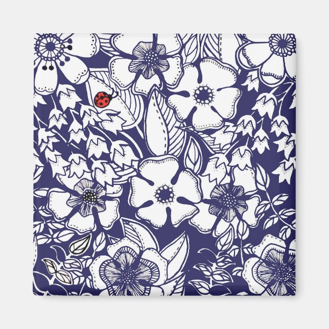 Girly Botanical Shalom Blue White Garden Zeichnend Magnet (Vorne)