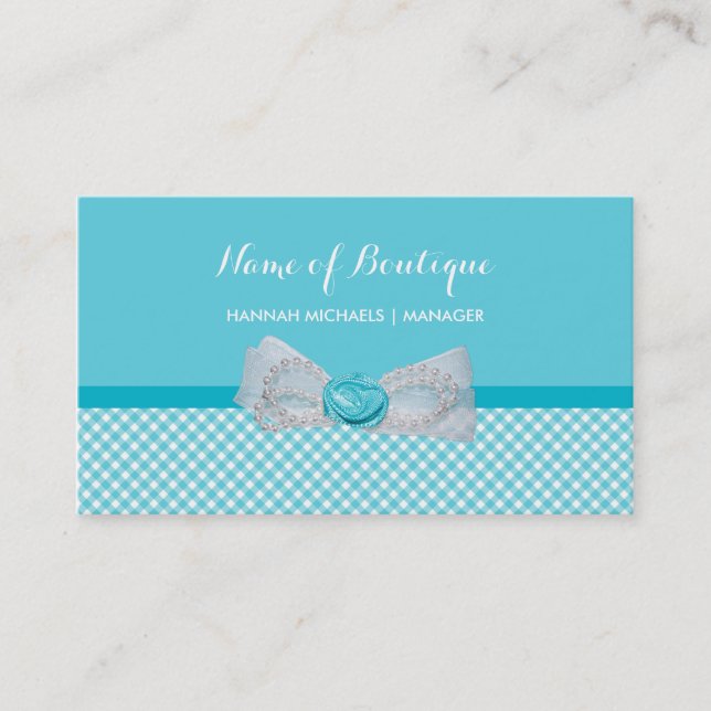 Girly Boutique Aqua Gingham Niedlich Pearls Rose B Visitenkarte (Vorderseite)