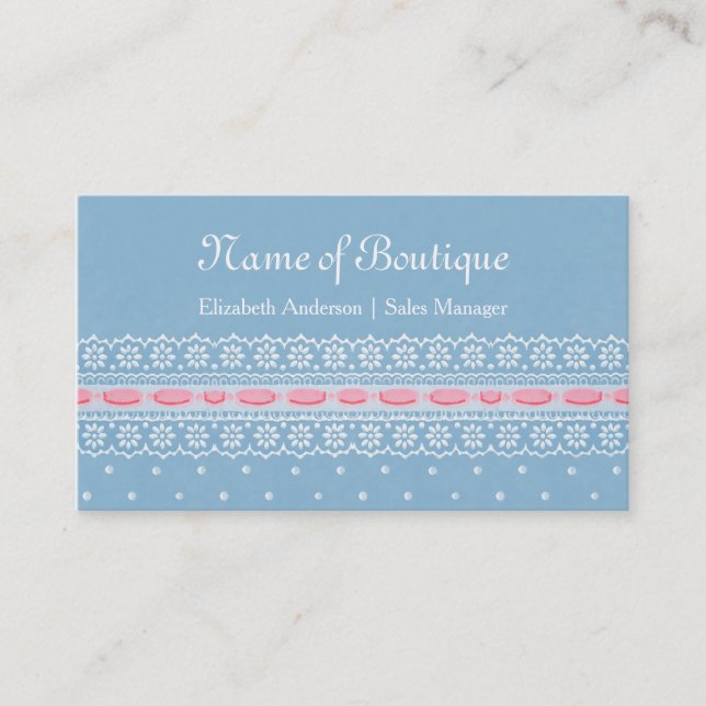 Girly Boutique Blue Polka Dots Pink Ribbon Lace Visitenkarte (Vorderseite)