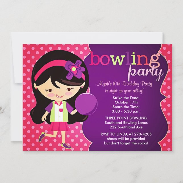 Girly Bowlings-Geburtstags-Party Einladung (Vorderseite)