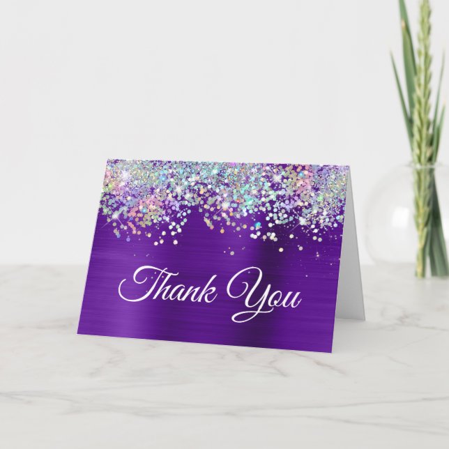 Girly Bright Indigo Lila Foil Holo Glitzer Dankeskarte (Vorderseite)