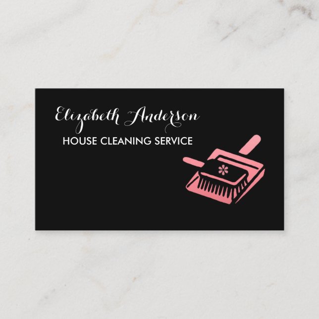 Girly Broom Pink und Black House Reinigungsservice Visitenkarte (Vorderseite)