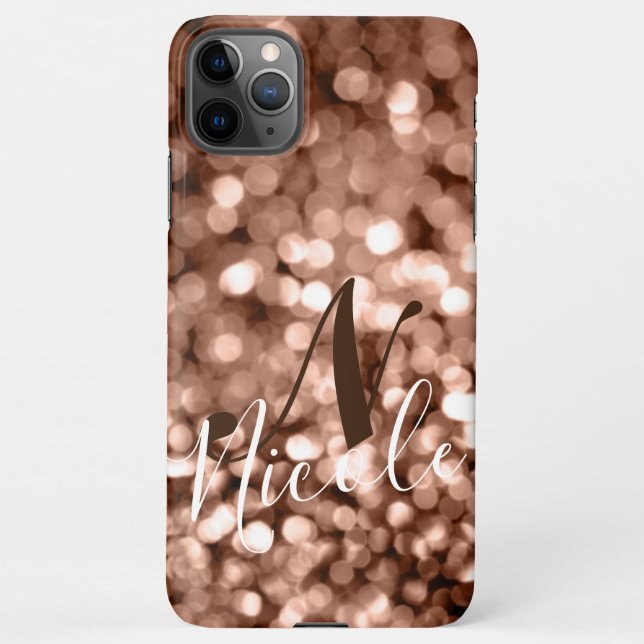 Girly Brown Glittery Monogram iPhone Hülle (Rückseite)