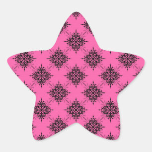 Girly Bubble Gum Pink und Black Damask Stern-Aufkleber