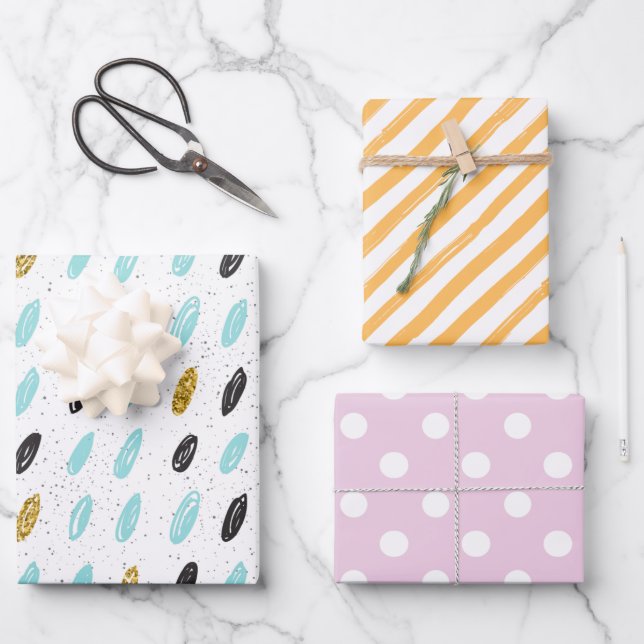 Girly bunte Muster Streifen und Punkte pink blau Geschenkpapier Set (Vorderseite)