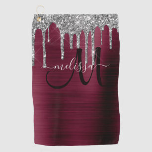 Girly Burgund Brushed Metal Drilling Glitzer Name Golfhandtuch