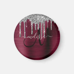 Girly Burgund Dripping Glitzer Brush Metal Name Magnet