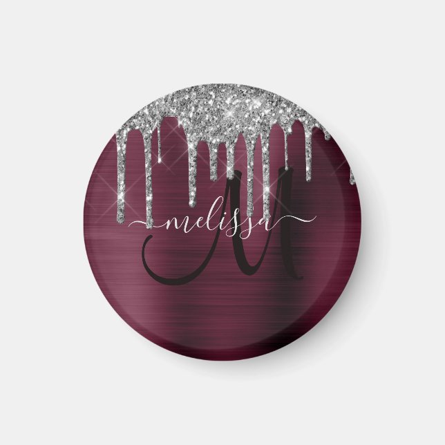 Girly Burgundy Dripping Glitzer Brush Metal Name Magnet (Vorne)