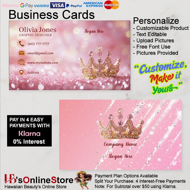 Girly Business Trendy Glitzer Visitenkarte (Girly Business Trendy Glitter Elegant Crown Business Card 30.)
