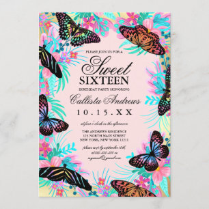 Girly Butterfly Blume Blätter Wasserfarbe Süß 16 Einladung
