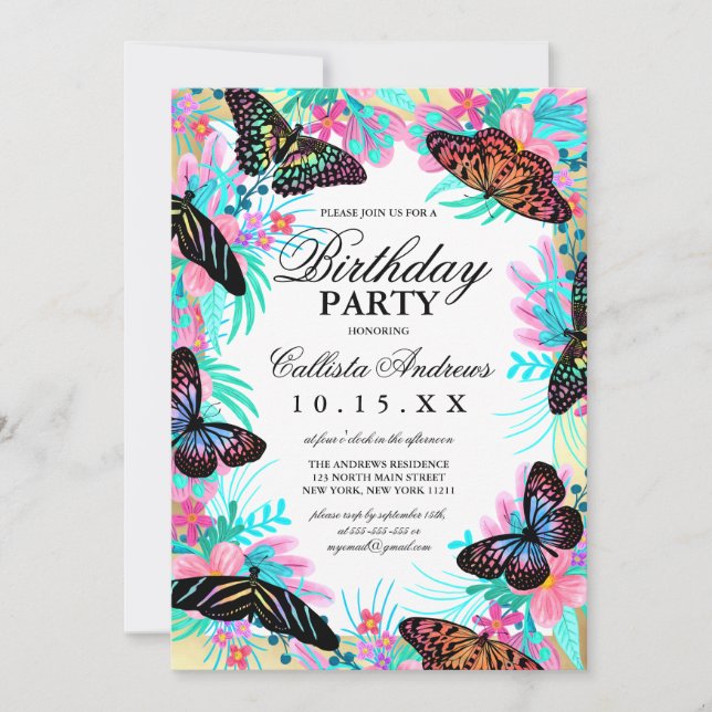 Girly Butterfly Blume Blätter Watercolor Geburtsta Einladung (Vorderseite)