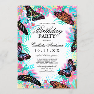 Girly Butterfly Blume Blätter Watercolor Geburtsta Einladung