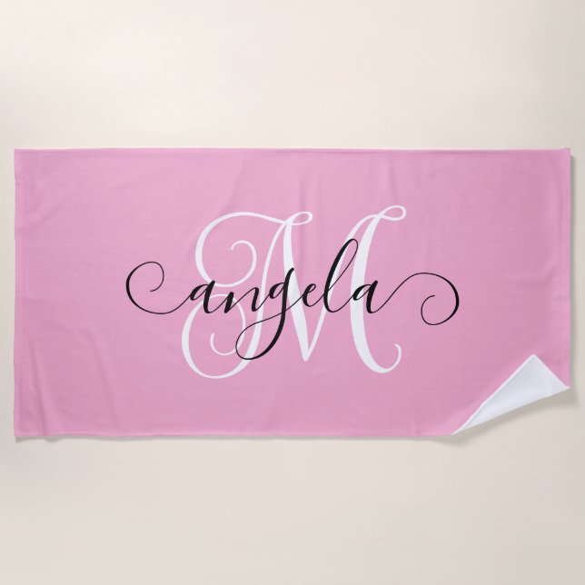 Girly Calligraphy Monogram Light Pink Strandtuch (Vorderseite)