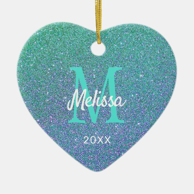 Girly Chic Aquamarin Blue Glitzer Sparkon Monogram Keramik Ornament (Vorne)
