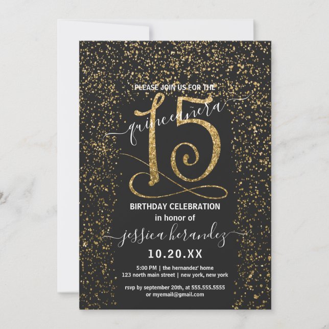 Girly Chic Black Gold Confetti Border Quinceañera Einladung (Vorderseite)