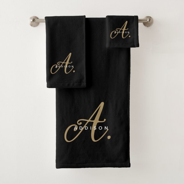Girly Chic Black Gold Script Monogram Typografie Badhandtuch Set (Insitu)