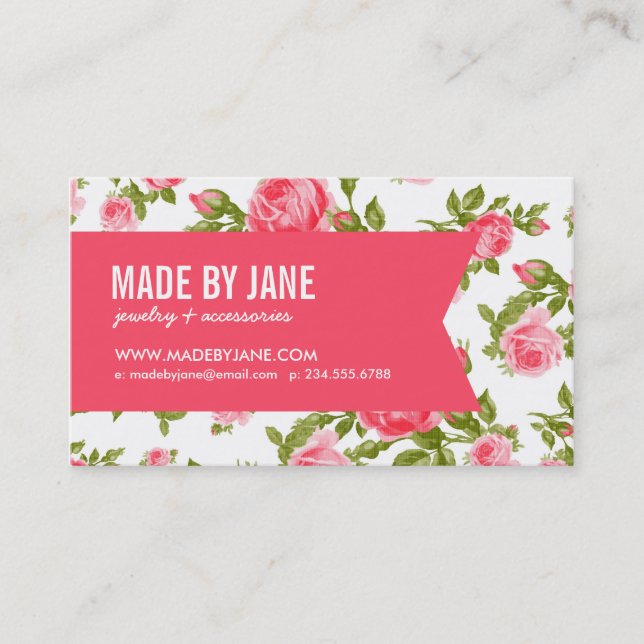 Girly Chic Elegante Vintage Rose und Band Visitenkarte (Vorderseite)