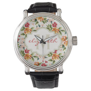 Girly Chic Floral Pattern mit Monogram Name Armbanduhr