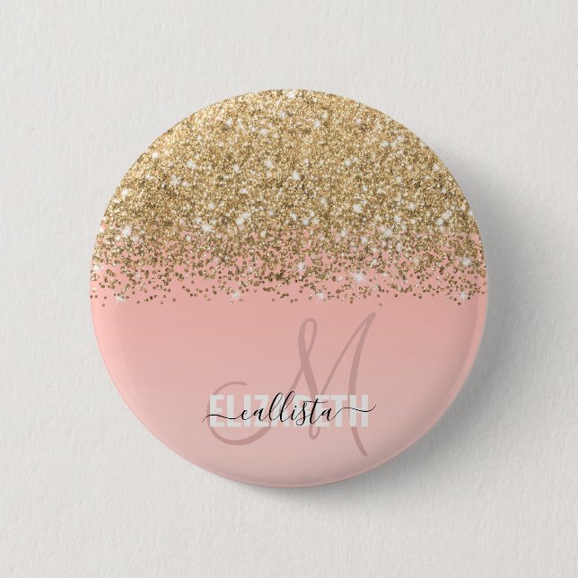 Girly Chic Gold Confetti Pink Gradient Monogram Button (Vorderseite)