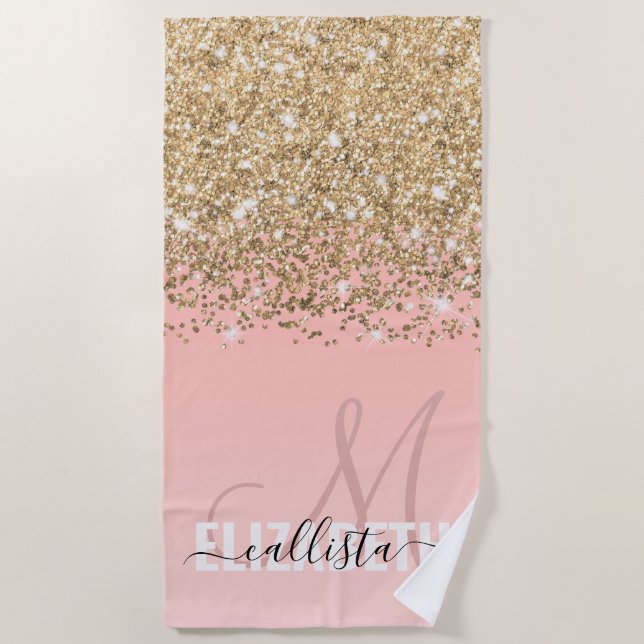 Girly Chic Gold Confetti Pink Gradient Monogram Strandtuch (Vorderseite)