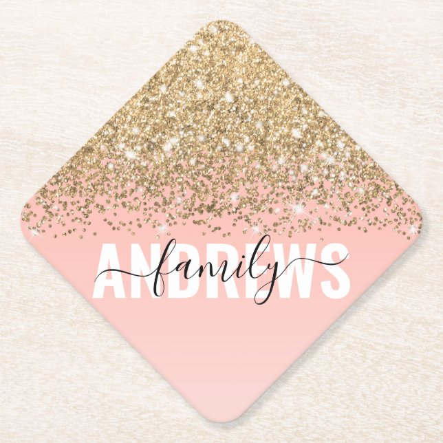 Girly Chic Gold Confetti Pink Gradient Monogram Untersetzer (Vorderseite)