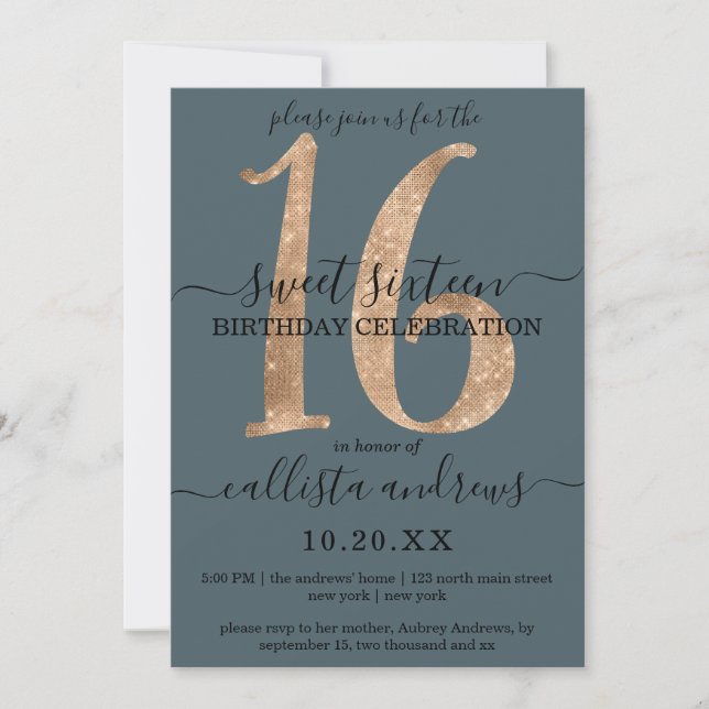 Girly Chic Imitats Gold Glitzer Dusty Blue Sweet 1 Einladung (Vorderseite)