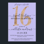 Girly Chic Imitats Gold Glitzer Lilac Lila Sweet 1 Einladung<br><div class="desc">Diese elegante, einfache, minimalistische und schicke 16 . Geburtstag-Geburtstagsfeier ist perfekt für Ihre junge Teenagerin. Es verfügt über ein glamouröses Imitat gedruckt aufwändig und luxuriös Gold funkelnd Glitzer Sequin Nummer "16" auf einem gürtellischen lila Hintergrund mit kostenlosen schwarzen kursiven und serf Schriftart. Es ist einzigartig, modern, cool und trendig, eine...</div>