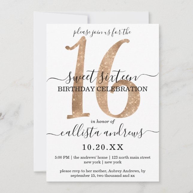 Girly Chic Imitats Gold Glitzer White Sweet 16 Einladung (Vorderseite)