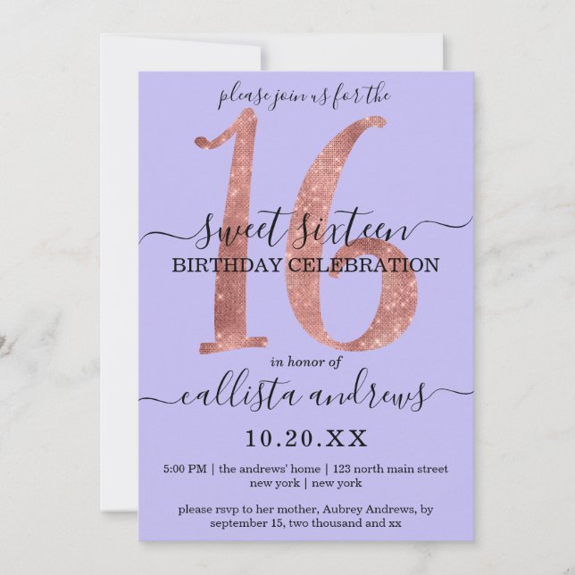 Girly Chic Imitats Rose Gold Glitzer Lila Sweet 16 Einladung (Vorderseite)