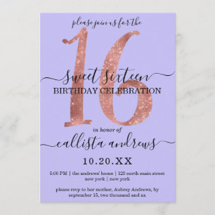 Girly Chic Imitats Rose Gold Glitzer Lila Sweet 16 Einladung