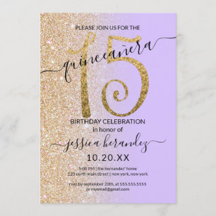 Girly Chic Lavender Gold Glitzer Ombre Quinceañera Einladung