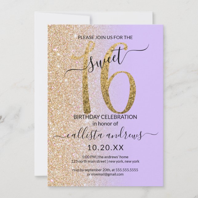 Girly Chic Lavender Gold Glitzer Ombre Sweet 16 Einladung (Vorderseite)