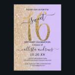 Girly Chic Lavender Gold Glitzer Ombre Sweet 16 Einladung<br><div class="desc">Diese hübsche 16 . Geburtstag-Geburtstagsfeier lädt zum Verweilen bei einer jungen Teenagertochter ein. Es verfügt über ein Imitat gedruckt funkelnd Gold Glitzer groß, "16", auf einem einfachen Pastelllavender lila und Imitate Gold Glitzer seitwärts Gradienten ombre Hintergrund. Es ist einfach, einzigartig, modern, hübsch und elegant! ***WICHTIGE HINWEIS FÜR DESIGN: Für individuelle...</div>