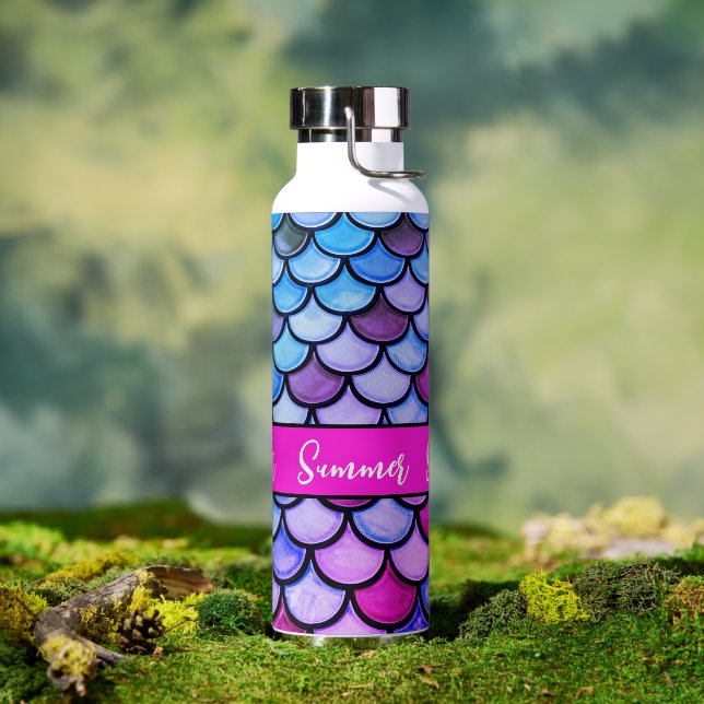 Girly Chic Magenta Lila Blue Mermaid Scales Trinkflasche (Außenbereich)