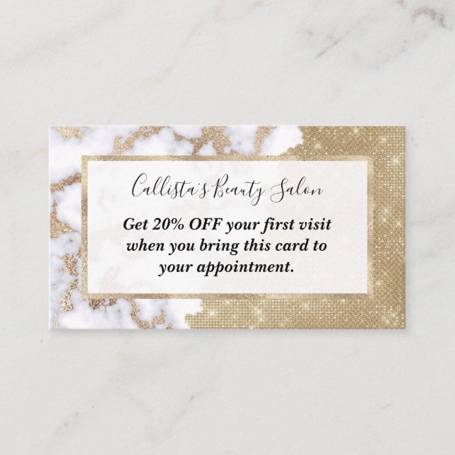 Girly Chic Modern Glam Gold Glitzer Marmormuster Rabattkarte (Vorderseite)