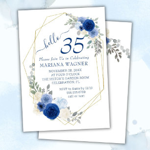 Girly Chic Navy Blue Floral 35. Geburtstag Einladung