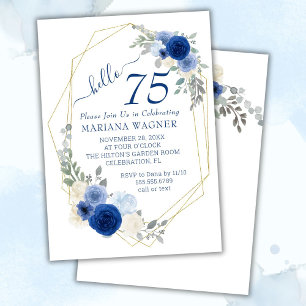 Girly Chic Navy Blue Floral 75. Geburtstag Einladung