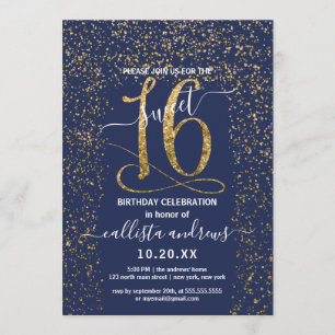 Girly Chic Navy Blue Gold Confetti Border Sweet 16 Einladung