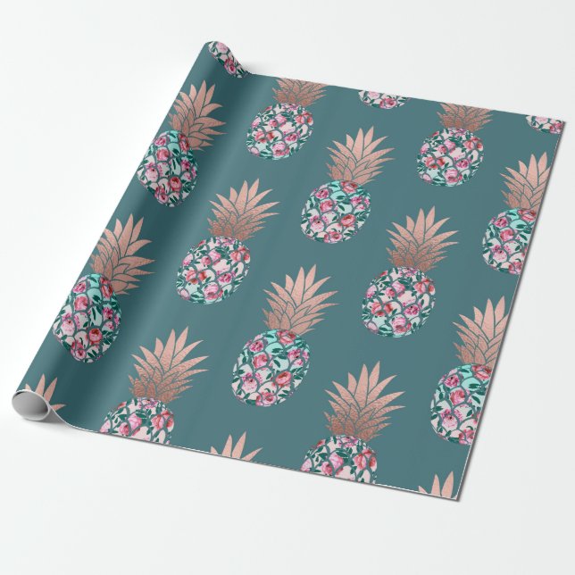 Girly Chic Rose Gold Floral Ananas Aquamarin Green Geschenkpapier (Ungerollt)