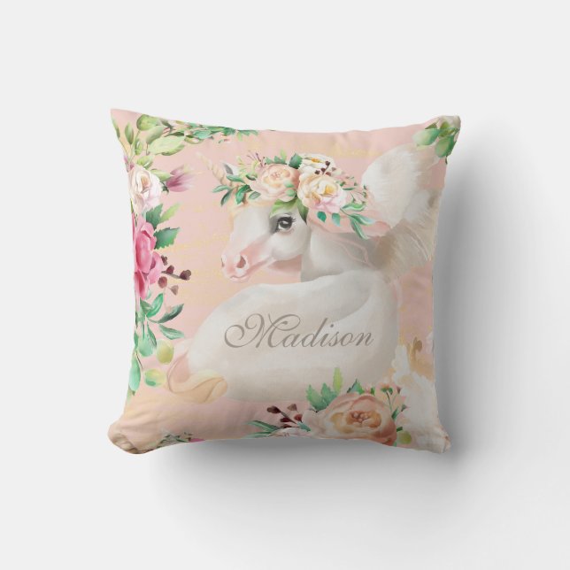 Girly Chic Watercolor Blumenhorn Personalisiert Kissen (Vorderseite)
