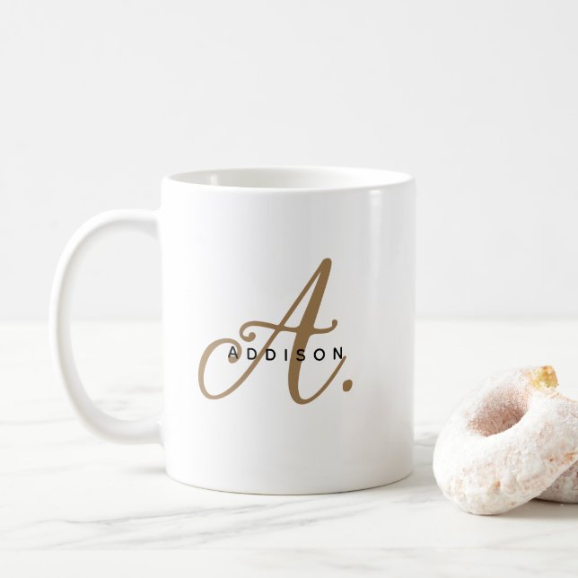 Girly Chic White Gold Script Monogram Kaffeetasse (Mit Donut)
