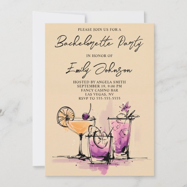 Girly Cocktails Illustration Bachelorette Party Einladung (Vorderseite)