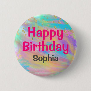 Girly Colorful Happy Birthday Unicorn Gold Glitzer Button