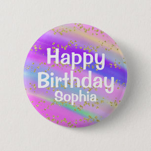 Girly Colorful Happy Birthday Unicorn Gold Glitzer Button