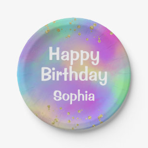 Girly Colorful Happy Birthday Unicorn Gold Glitzer Pappteller