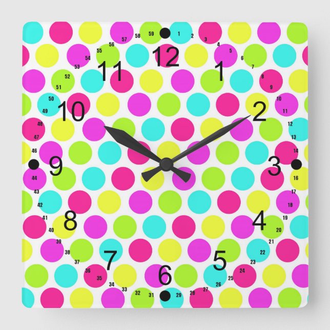 Girly Colorful Polka Dots Pattern für Mädchen Quadratische Wanduhr (Vorderseite)