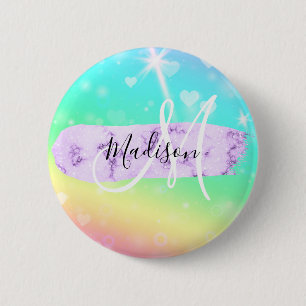 Girly Colorful Unicorn Rainbow Hearts Monogram Button
