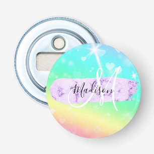 Girly Colorful Unicorn Rainbow Hearts Monogram Flaschenöffner